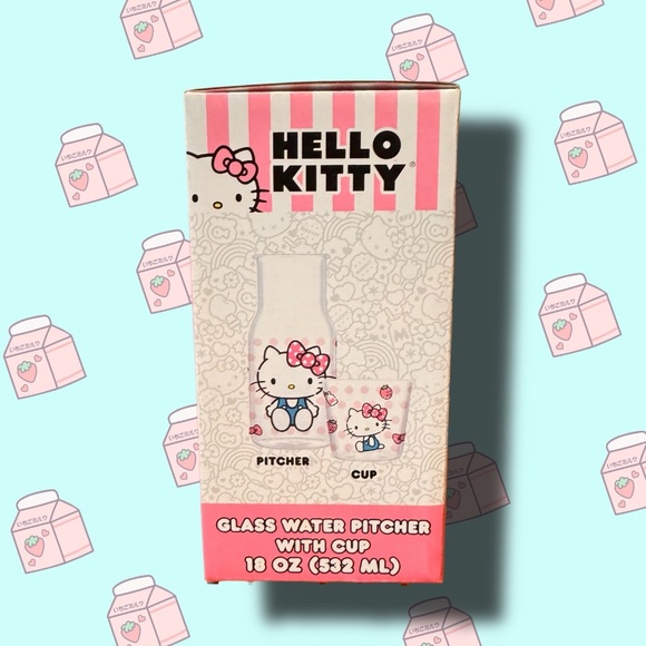 2024 Sanrio Hello Kitty Pink Polka Dot 18oz Glass Water Pitcher With 8oz Cup - Picture 2 of 4